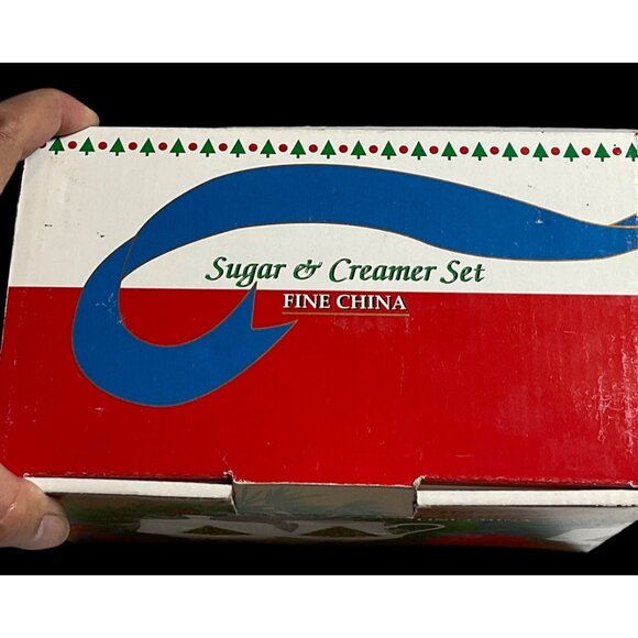 Vintage Set of 2 Fine China Creamer and Sugar Bowl Christmas Tree Design in Box - Picture 4 of 5